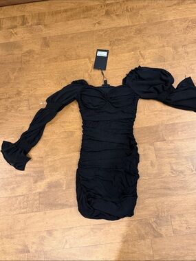 privy Black Ruched Puff-Sleeve Mini Dress